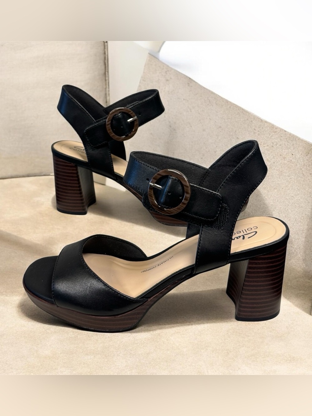 Clarks Black Leather Block Heel Sandals w/Brown Wood-Effect Heel size 8.5, NWOT